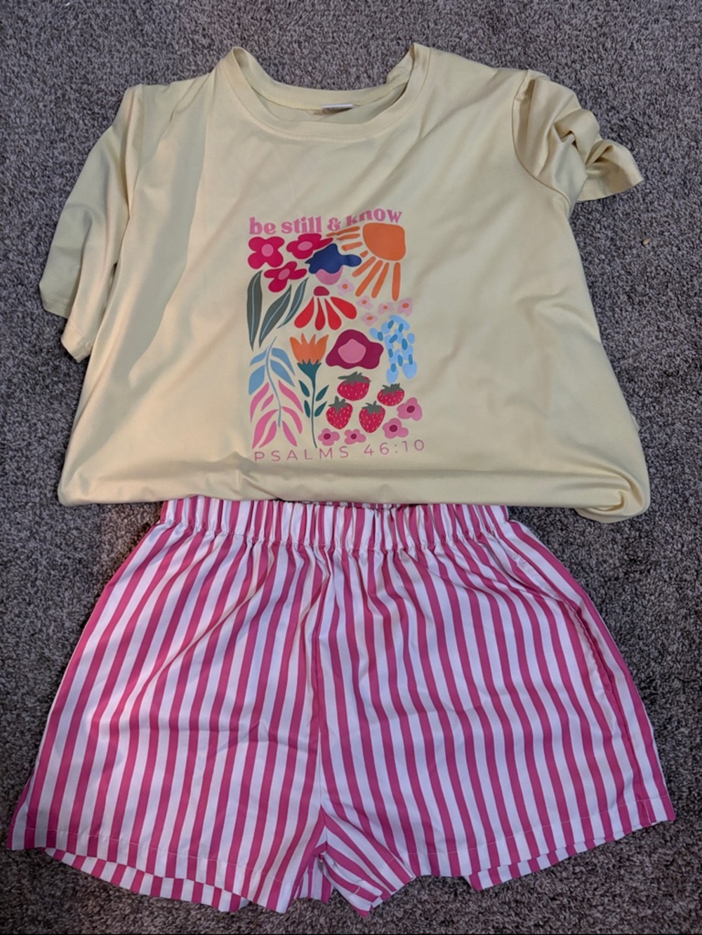 Yellow Floral Graphic Tee with Pink Stripe Shorts